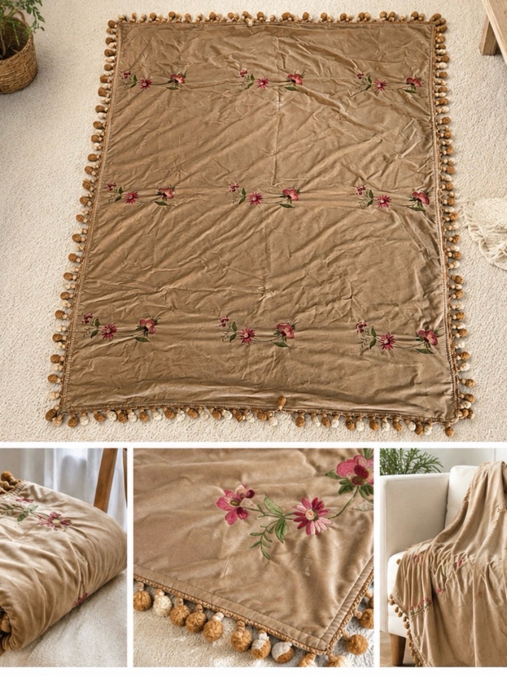 Embroidered Floral Pom-Pom Throw Blanket in Camel